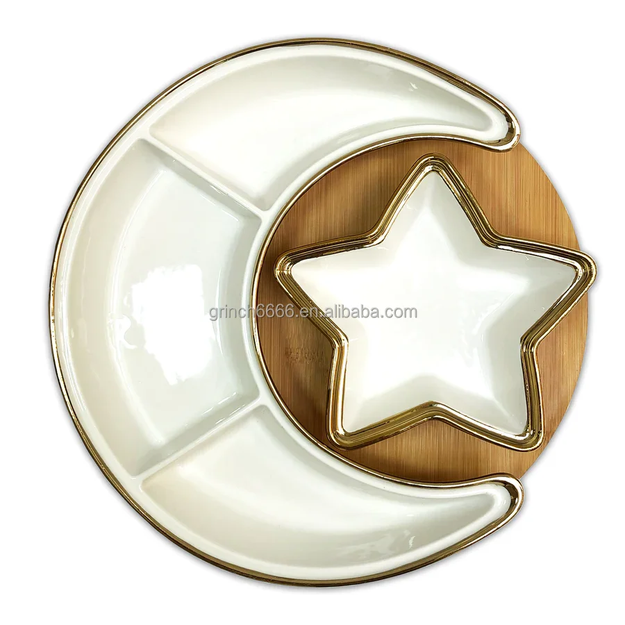 Eid Ramadan Snack Tray Wood Ceramic Crescent Moon & Star Divided Snack