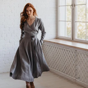 2025 Linen Gray Midi Dress Linen Summer Fall Dress Vintage Midi Linen Dress High Quality A-line V-neck Loose Cotton OEM ODM