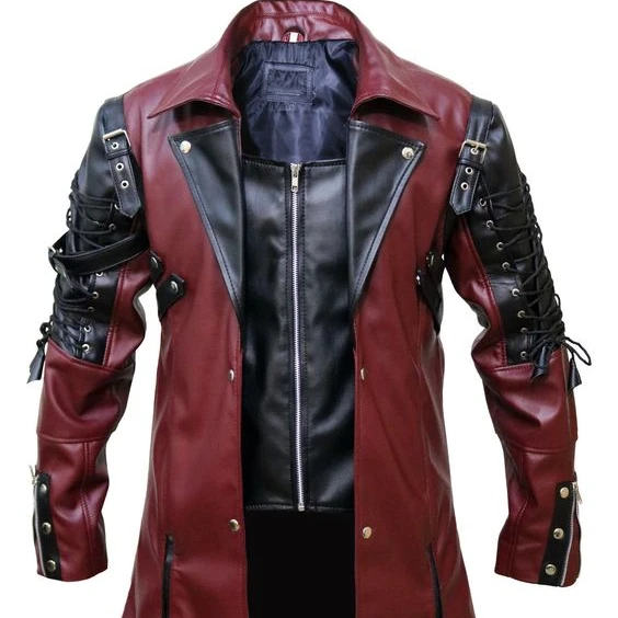 Men Real Black And Red Leather Goth Matrix Trench Coat Steampunk Long ...