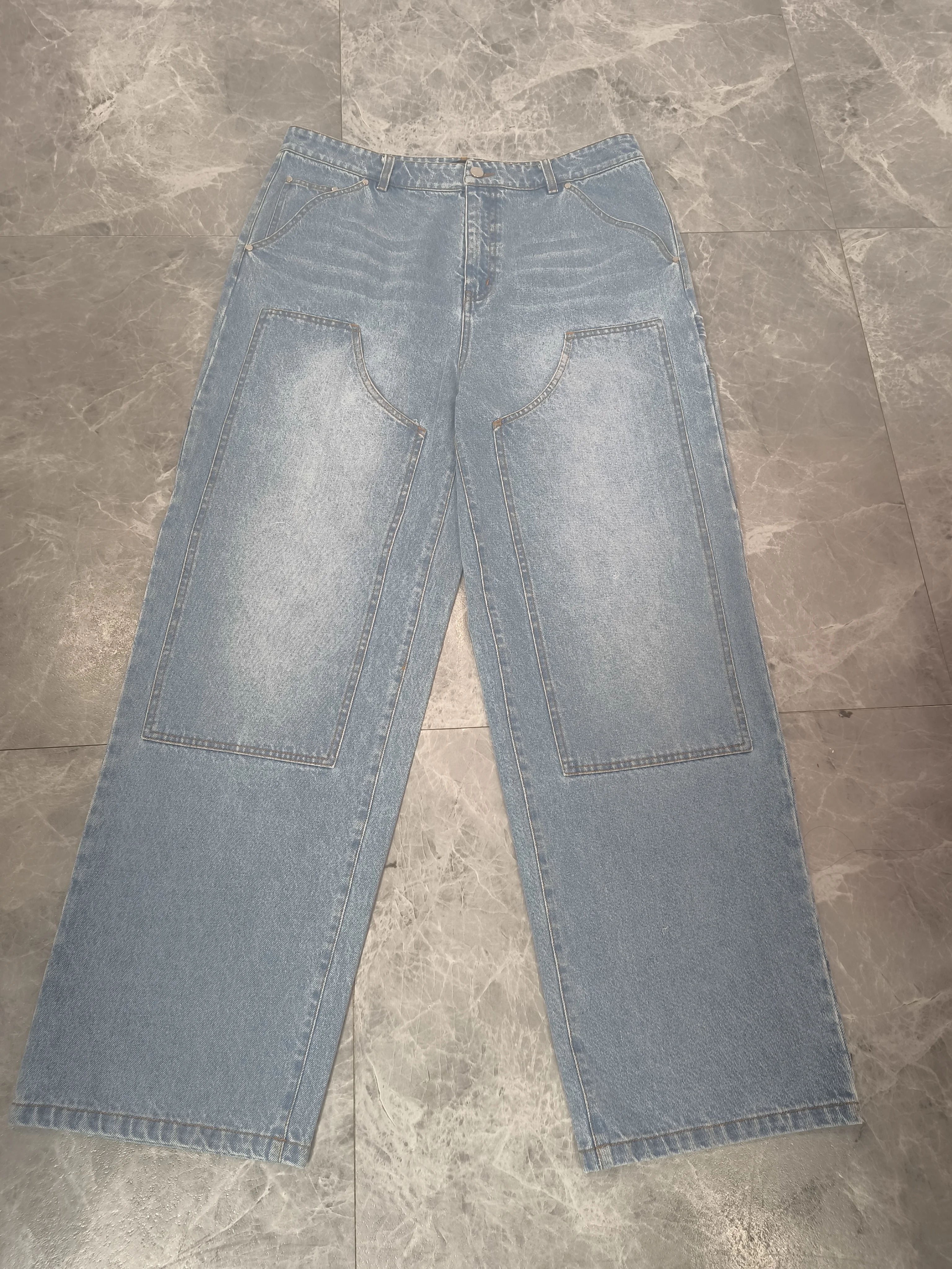 2025 Men's Jeans, Custom Oversized Retro Washed Double-layered Knee-length Padded Cargo Wide-leg Jeans