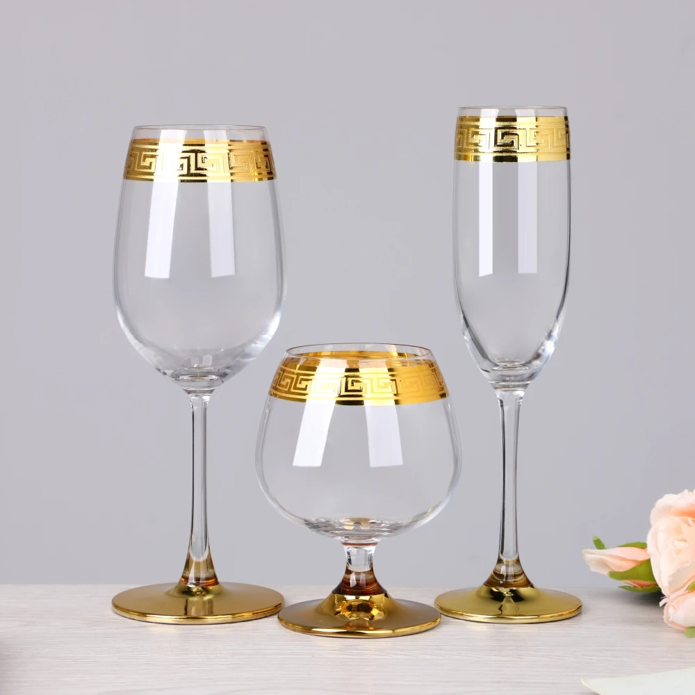 Heavy Bottom Greek Key Gold Rim Champagne Flutes Brandy Snifters Highball Rocks Whiskey Red Wine Drinking Glass