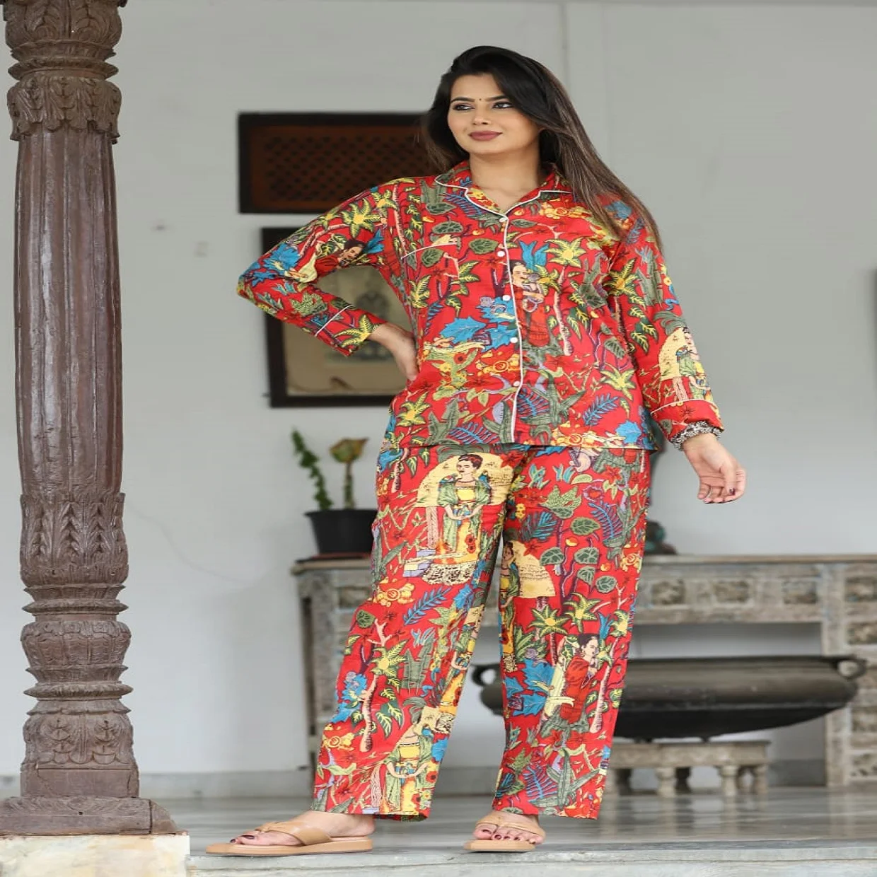 Custom Made Floral Printed Modal Lace Thermal Sleepwear Coordinated Sets Lightweight Nightwear for Wholesale Buyers