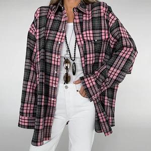 Fashion Women's Oversized Lapel Long Sleeve Plaid Button Shirt