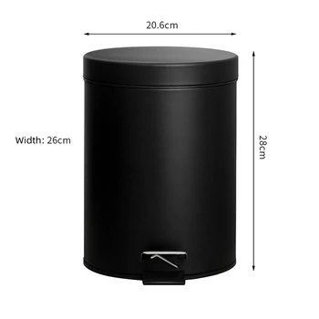5 Liter Restroom Trashcan Iron Black Waste Bin  With Cover Soft Close SS Pedal Dustbin