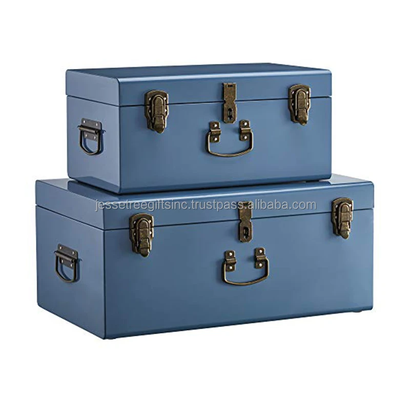 Metal Sheet Home Storage Trunk With White  Powder Coating Finishing With Two Golden Lock & Handle for Organizer Set of 2