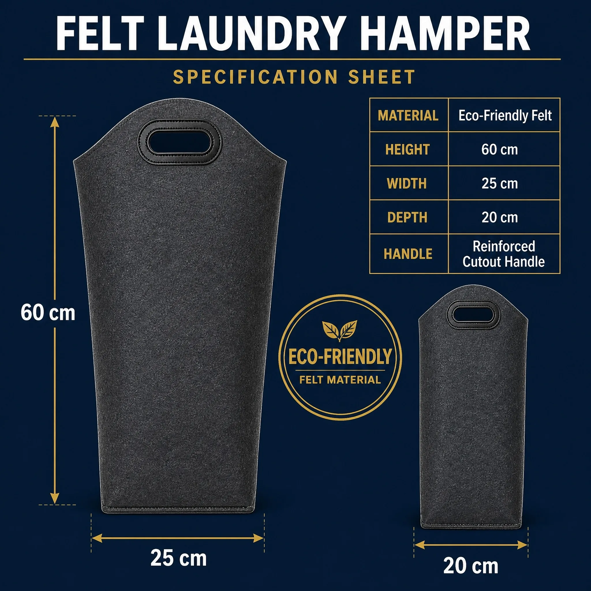 Felt laundry hamper specification sheet showing material dimensions and reinforced handle