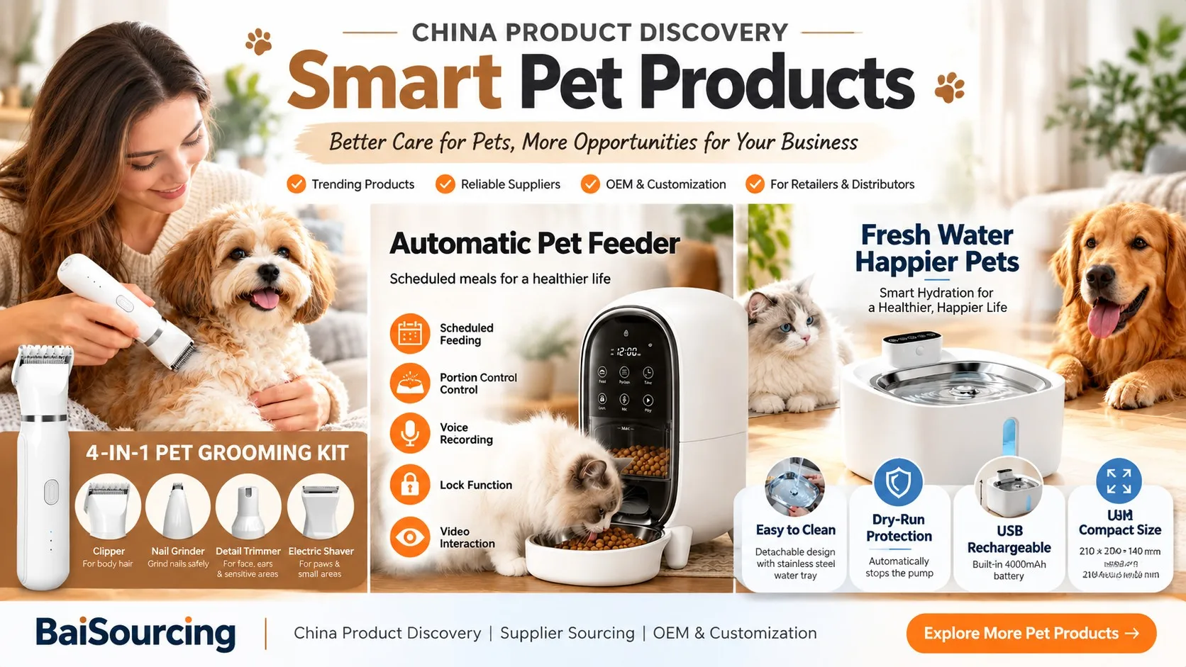 Smart pet products from China including automatic pet feeders, 4-in-1 grooming kits, and fresh water fountains