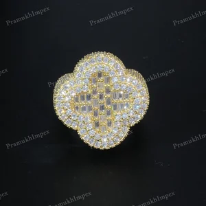 Luxury Gold Plated Pave Clover Cross Ring Combinations Of Baguette And Round Cut Diamonds With Stunning Moissanite GRA Certified