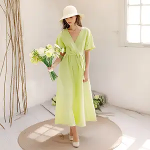 Pure Color Solid Casual Midi Dress V-Neck Puff Short Sleeves Elegant Plain Cotton Belted Long Dress Natural Waistline Woven