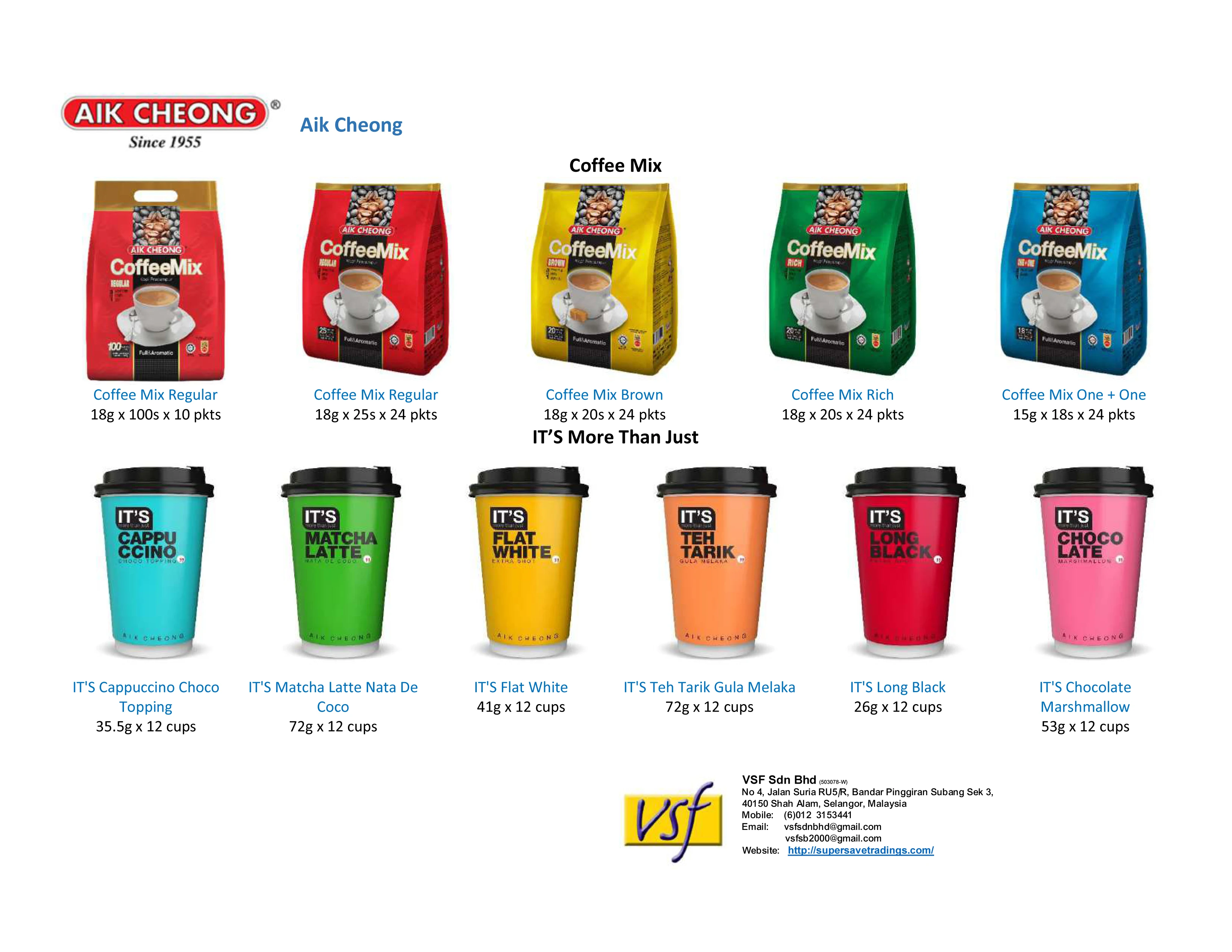 Aik Cheong 3 in 1 Instant Coffee Mix Regular 18g X 100s X 10 Pkts VSF