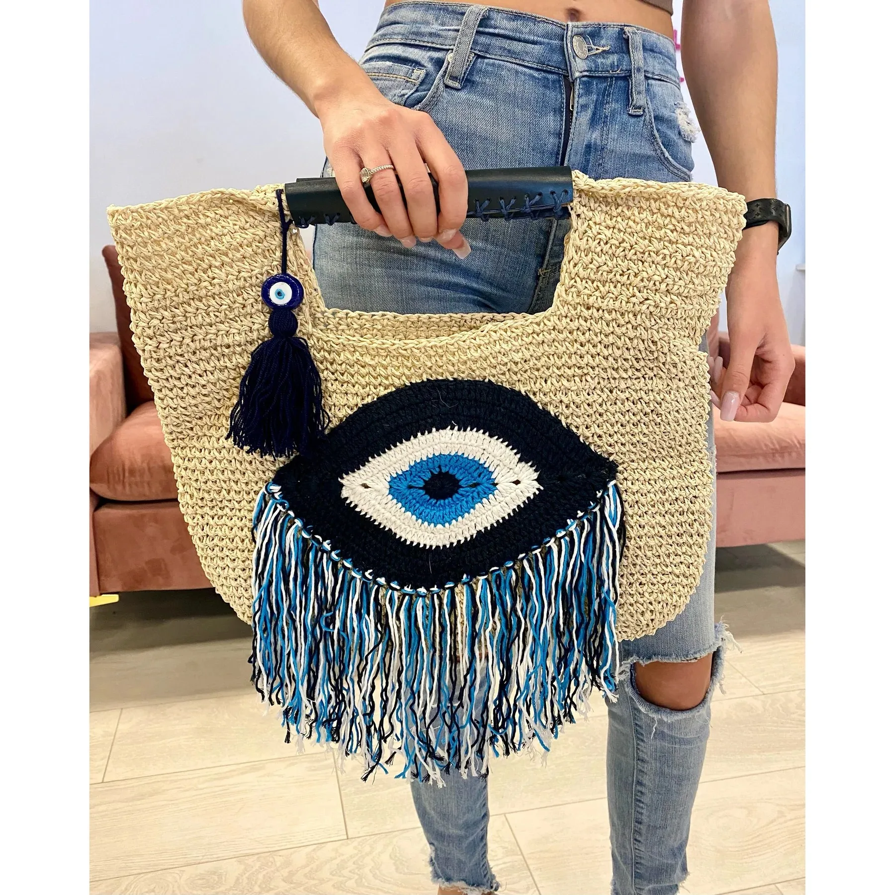 Bestselling Blue Evil Eye Crochet Paper Raffia Straw Handbag Handmade