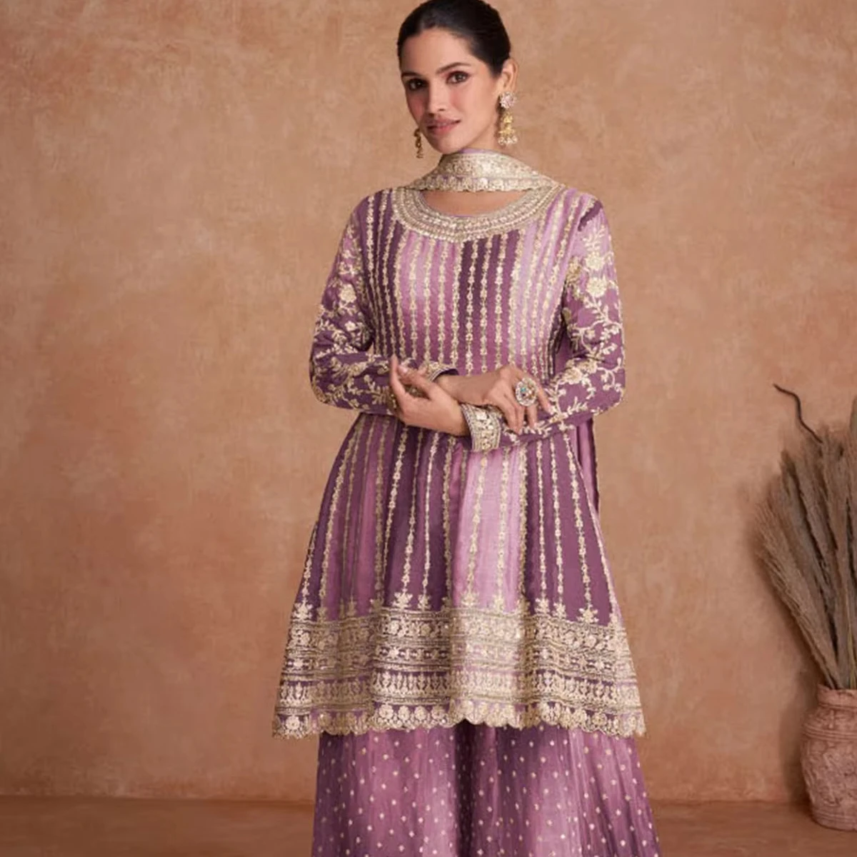 Purple Chinon Silk Sharara Suit For Indian & Pakistani Wedding Festival - Thread & Sequence Embroidery