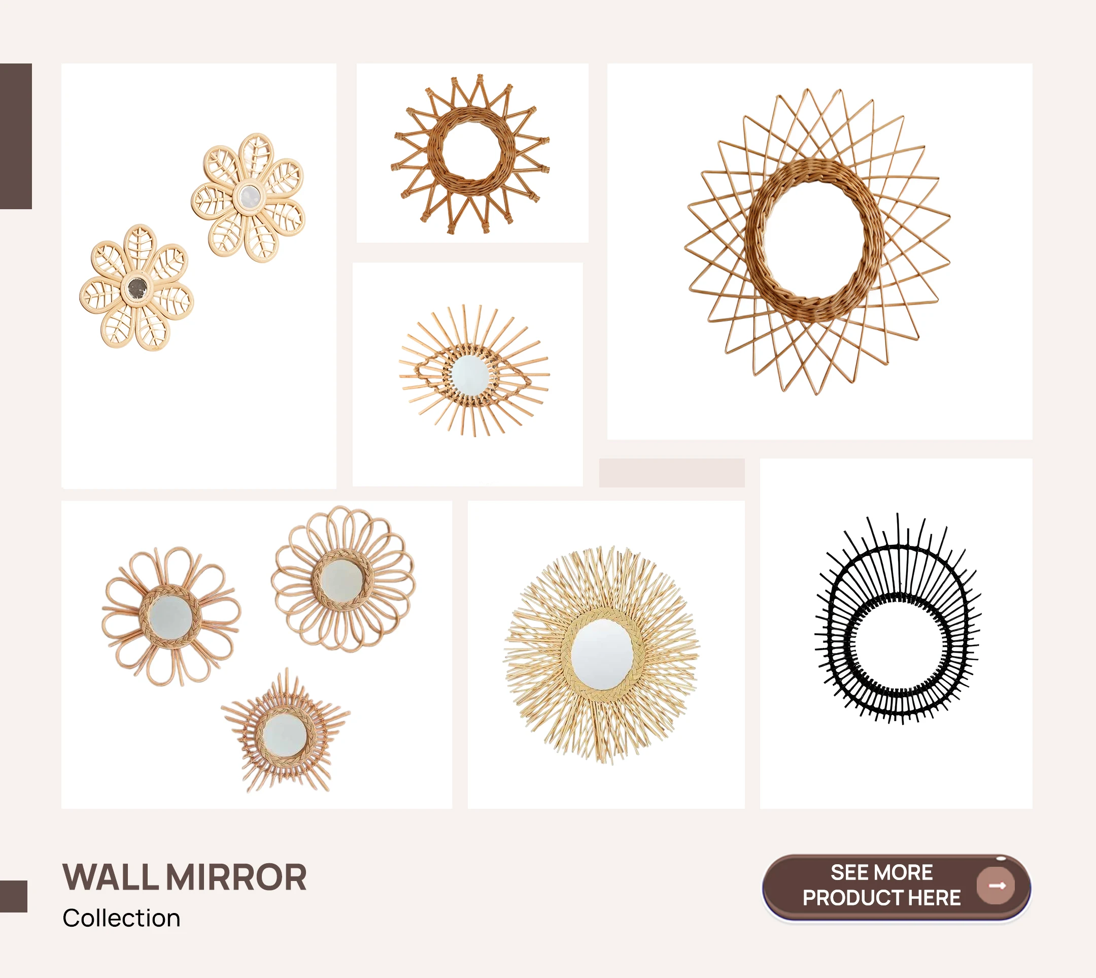 Ecofriendly Handmade Craft Rattan Wall Mirror Sun Shape Design Rattan