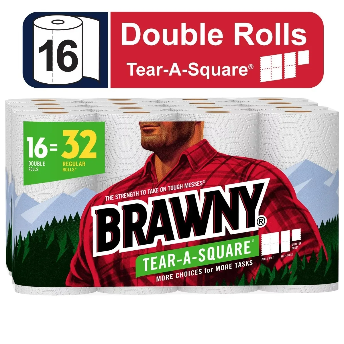 Brawny® Tear-A-Square® 3-Ply Paper Towel Double Rolls, 6 Rolls