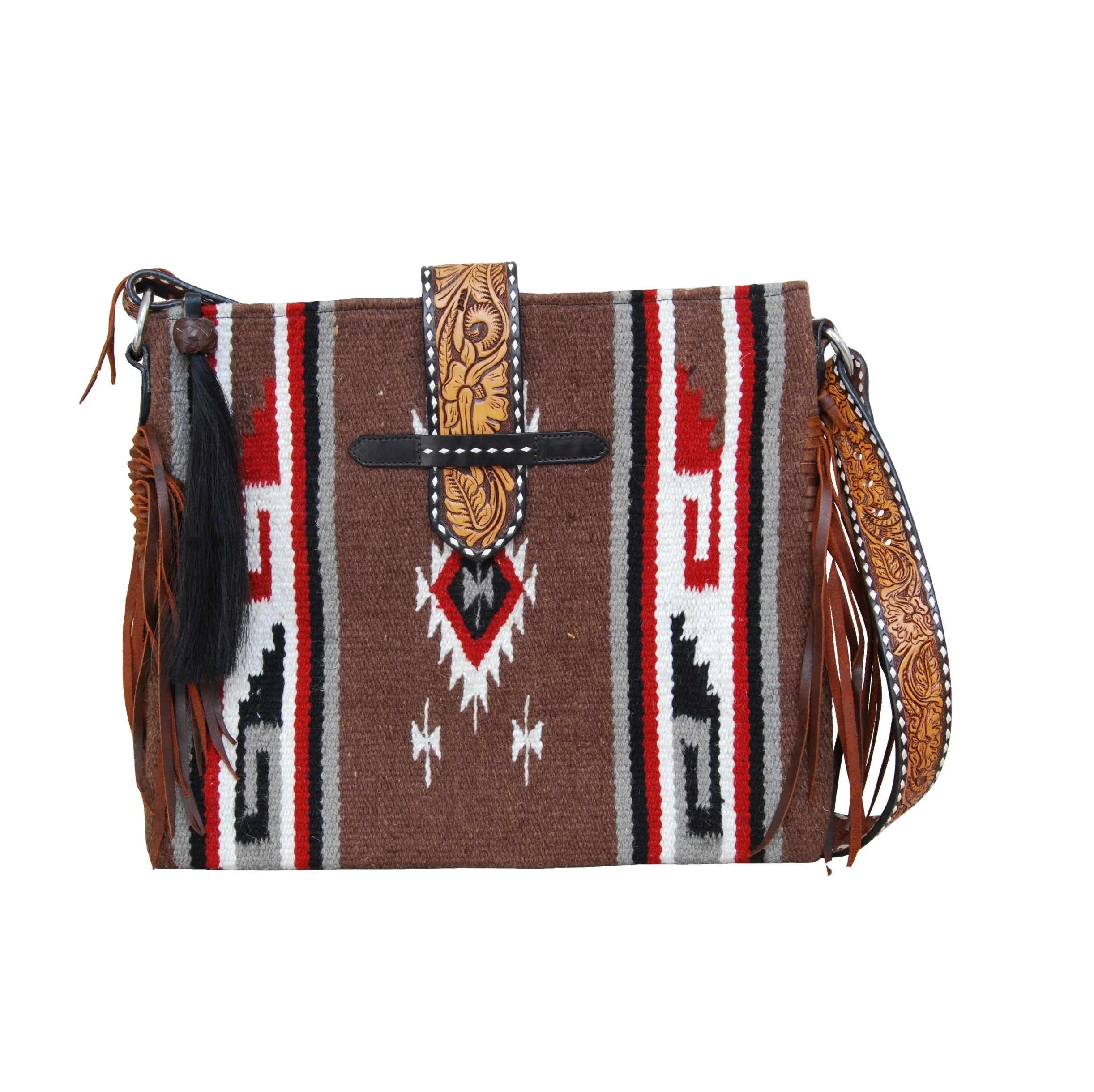 Custom Made Western Saddle Blanket Tote Bag With Hand Tooled Leather