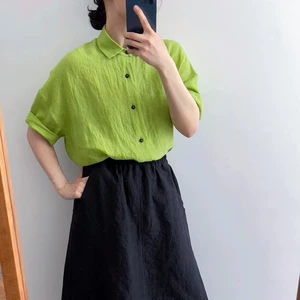 Women's Pure Linen Midi Skirt Pockets Elastic Waist Pleats Button Decoration Customizable Loose Dress Washable Classic Clothing