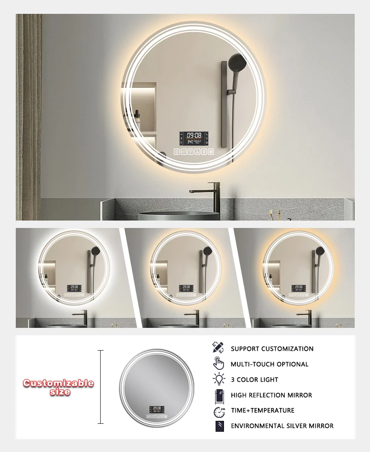 product factory direct sell round led bathroom anti fog bluetooth speaker time clock vanity light touch screen mirror-4