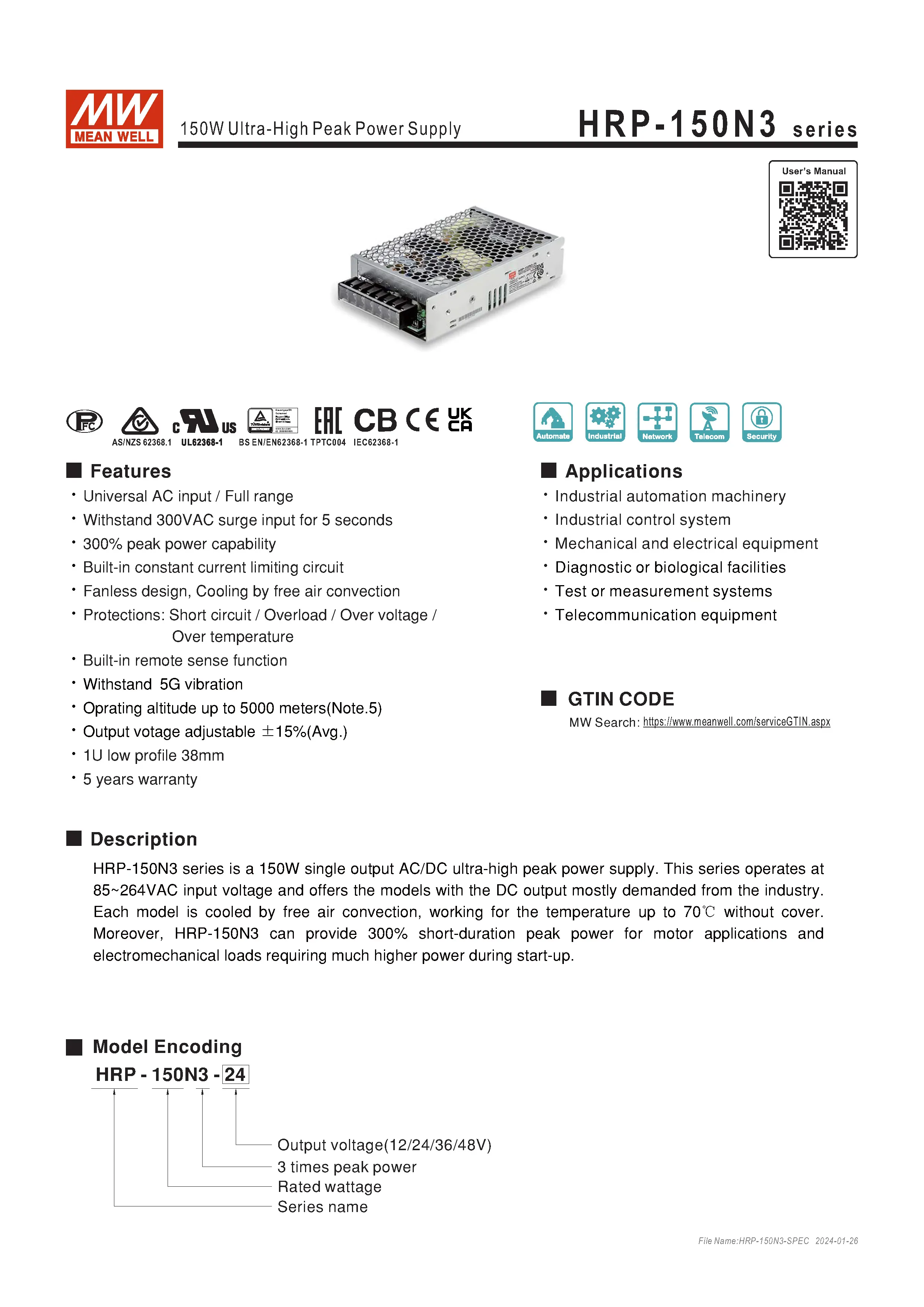 Alimentatore Switching MEAN WELL HRP-150-15 15V 10A 150W – Nuovo (Senza Scatola)