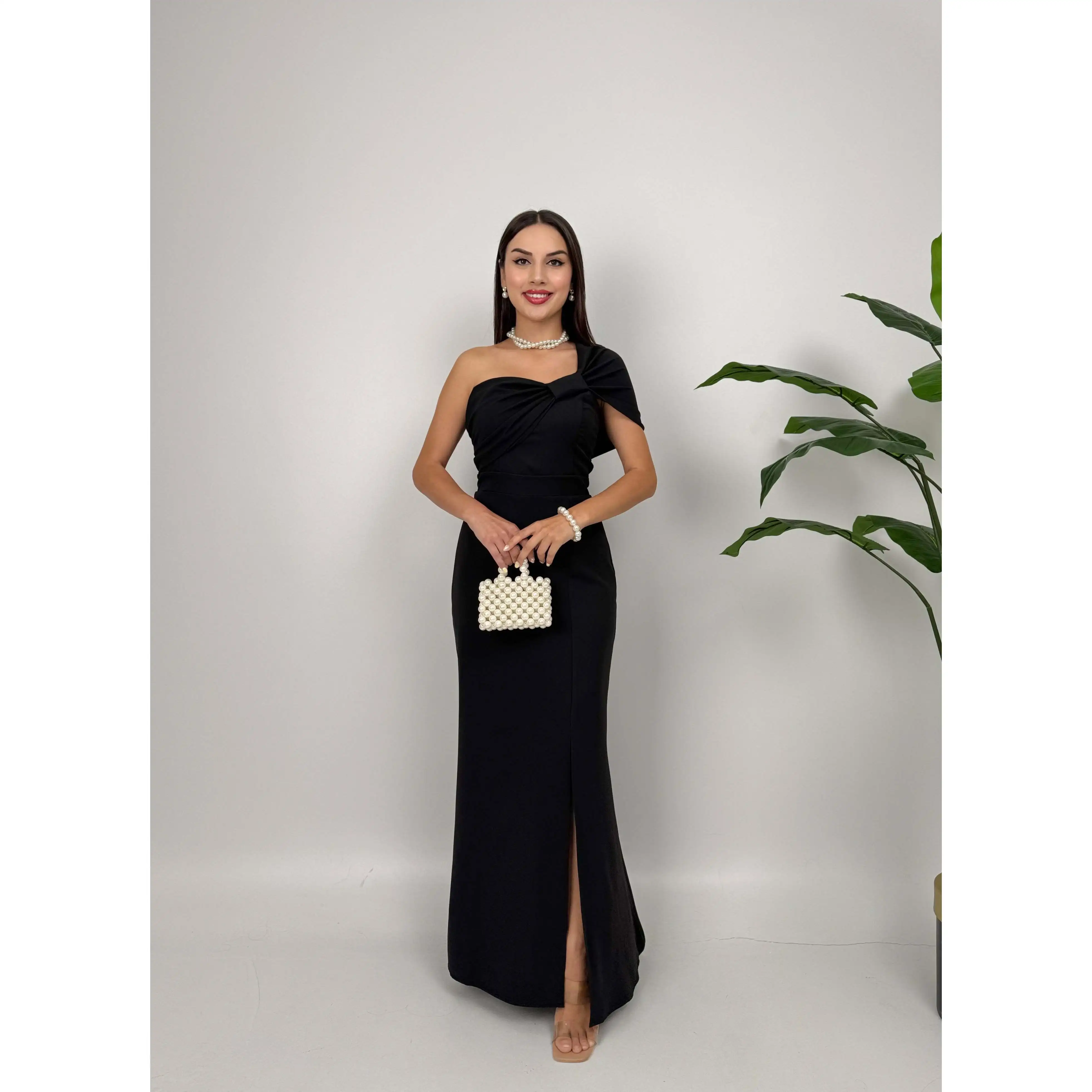 3008 Satin Sheath Dress with Brooch on Shoulder Natural Waistline