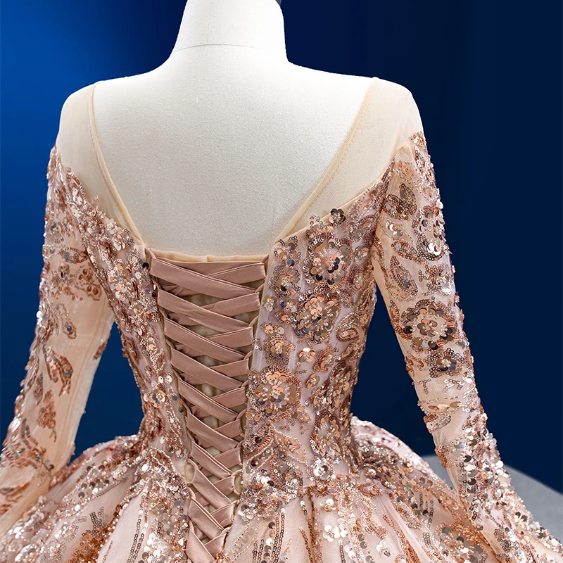 Jancember 222202 Fashion Long Sleeve Rose Gold Lace-up Evening Party Dresses