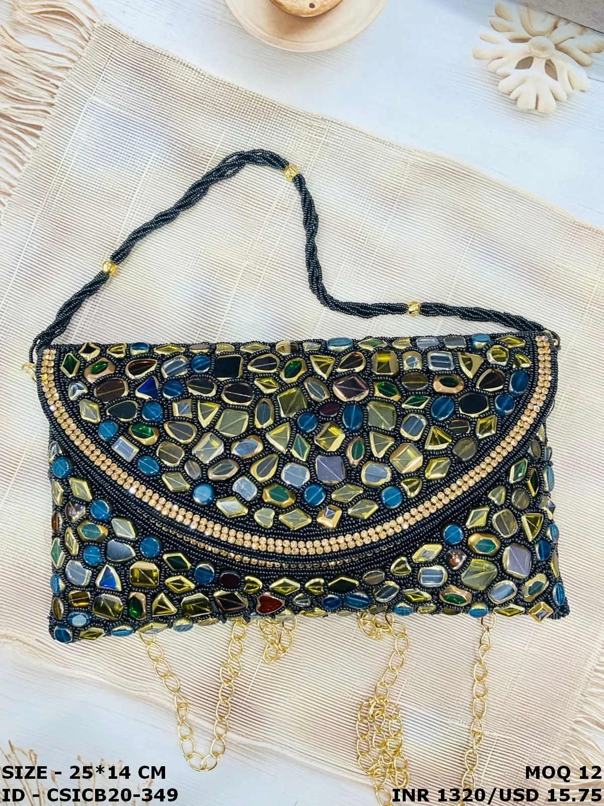 Craftstages International Handcrafted Designer Artisan Crystal Stone Beaded Embroidery Bridal Clutch Bag Multi Color Evening