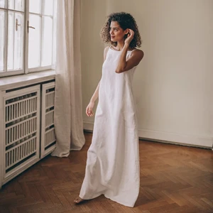 Simple Summer Linen Maxi Dress Tie Knot Closure Back Eco-Friendly Spaghetti Strap Woven Waistline for Your Natural Closure