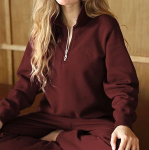 High Quality Casual Burgundy French Terry Zip Hoodie Women Metal Zipper Embroidered Custom Logo Full-Zip Waterproof Sweat Jacket