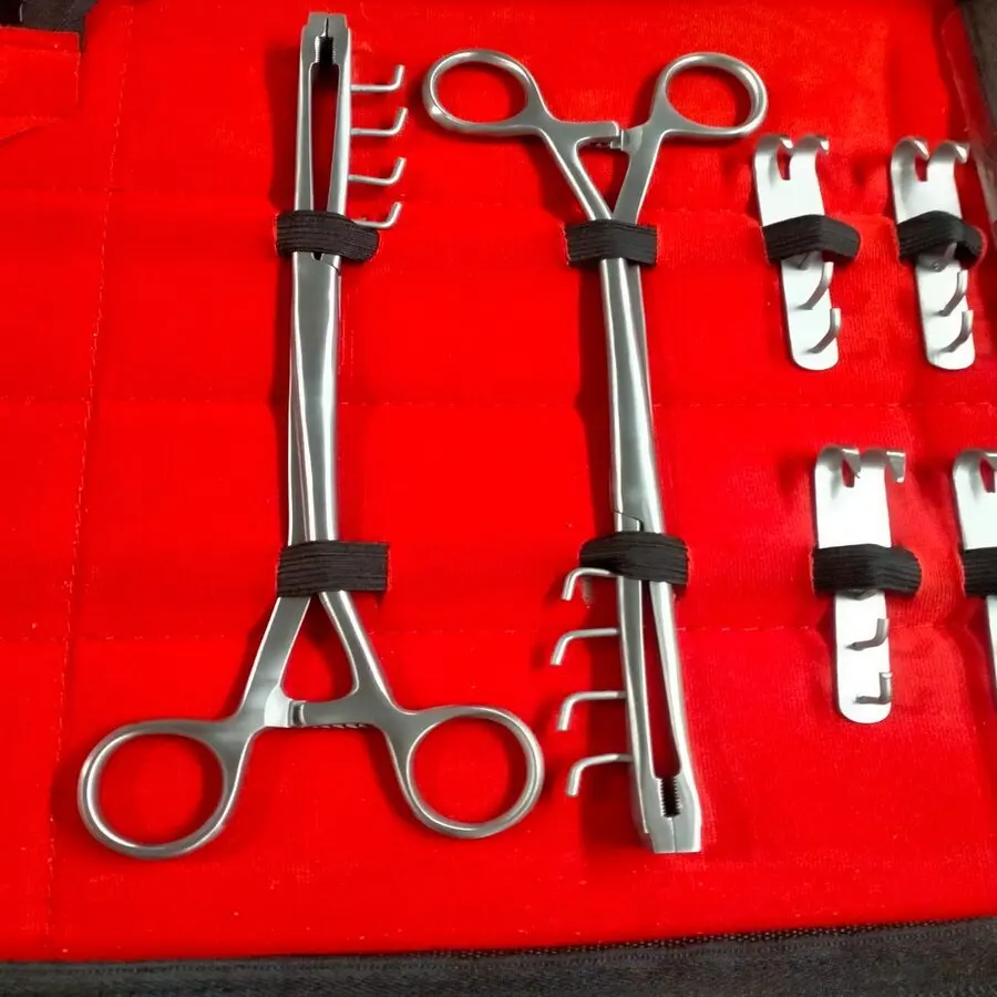 Veterinary Instrument Set Rumenotomy Instruments with 1 Frame 18 X 27 cm 2 Vulsellum Forceps 24 cm 8 Fixation Hooks 7 cm