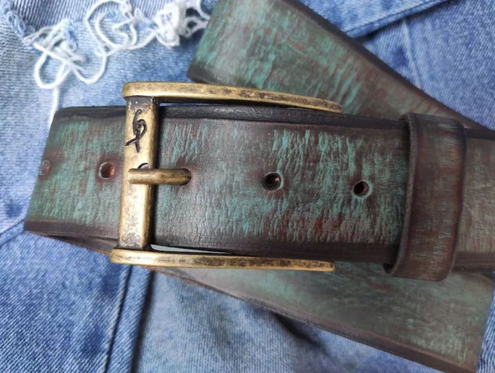 High Quality Luxury Pin Buckle Unisex Cowhide Stylish Retro Genuine Distressed Turquoise Leather Belt