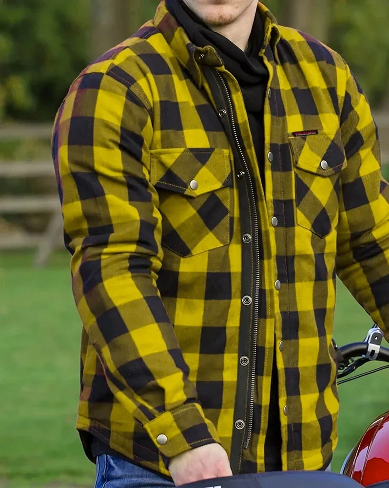 RIDERACT Men’s Motorbike Flannel Shirt – Aramid Reinforced, CE Approved Armor (Orange)