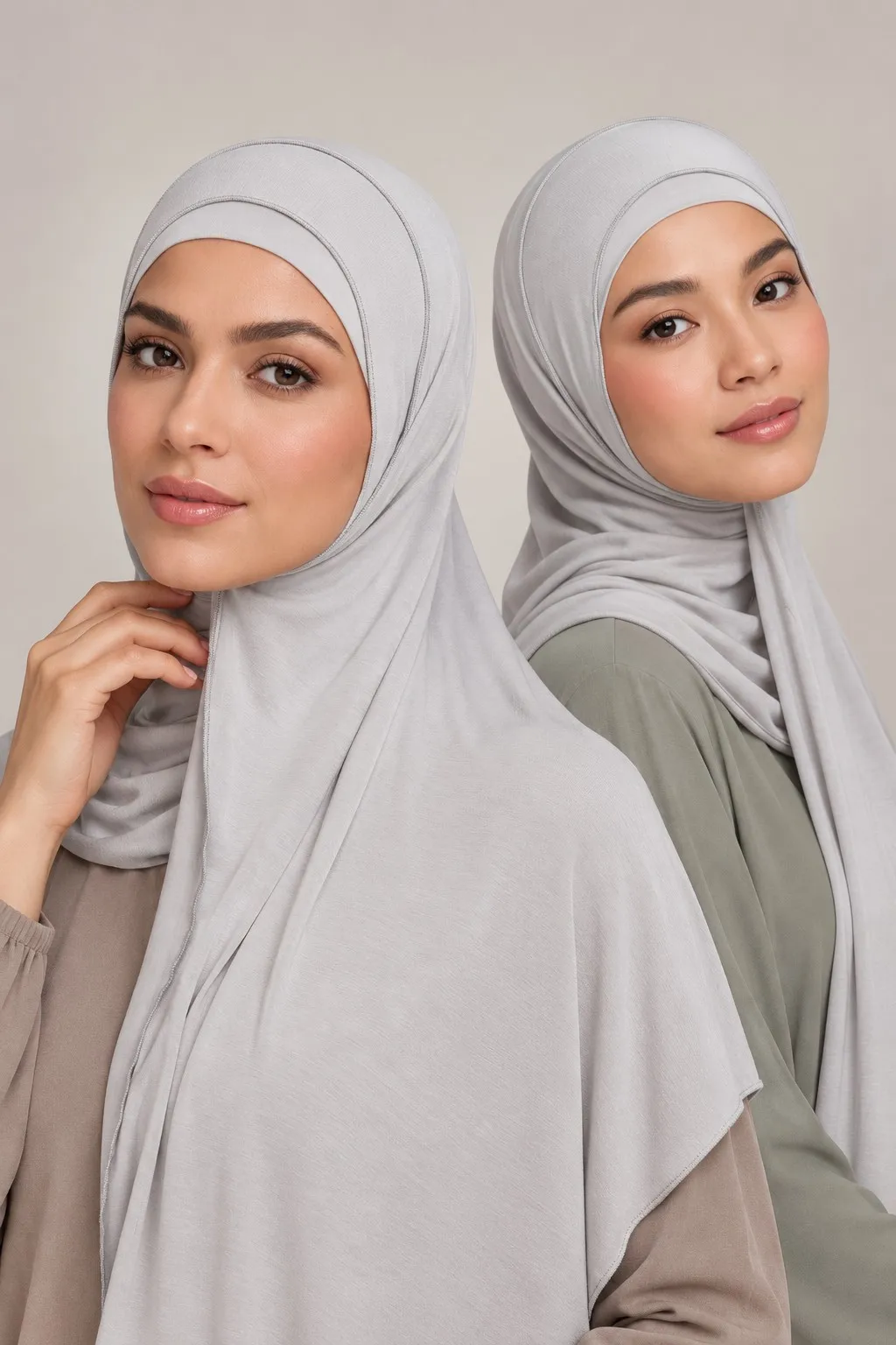 Wholesale bamboo jersey hijab set pearl grey — two models back-to-back showing coordinated matching set