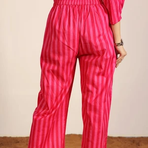 Red And Pink 100% Cotton Textile Print Pants Stripes Half Belt And Half Elastic Waist Trouser Lounge Pants Sleepwear OEM