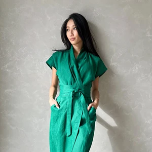 Summer Fashion Linen Wrap Dress Women Linen Kimono Dress Oversized Summer Wrap Boho Long Kimono Linen Green Sun Dress