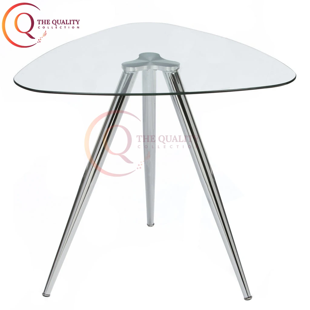 Modern Triangular Glass Table with Sleek Stainless Steel Legs a Unique Centerpiece for Contemporary Living Spaces.