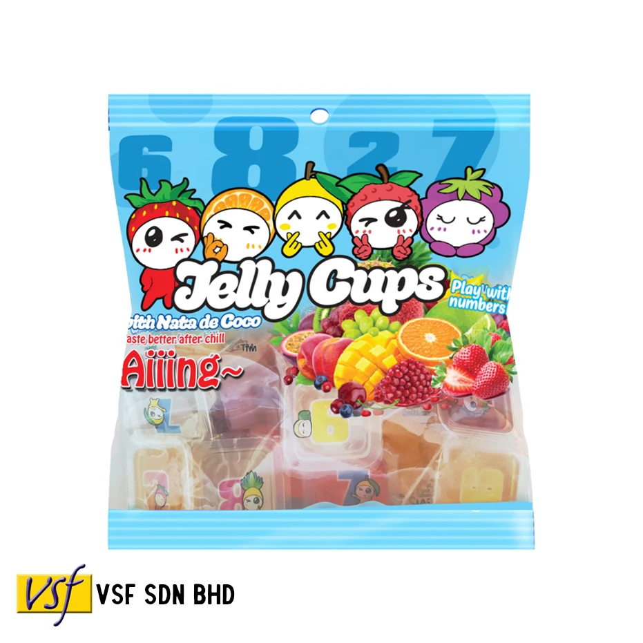 Aiiing Fruit Mini Jelly Cup with Nata De Coco Grapes Mango Lychee Strawberry Assorted Flavor Packet 25g X 27 Pcs X 14 Pkts