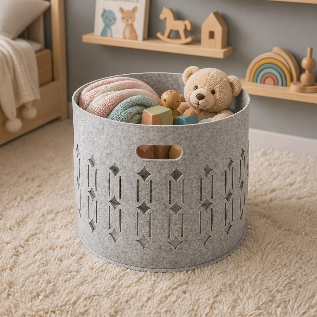 Felt storage basket for nursery toy storage in a child's room