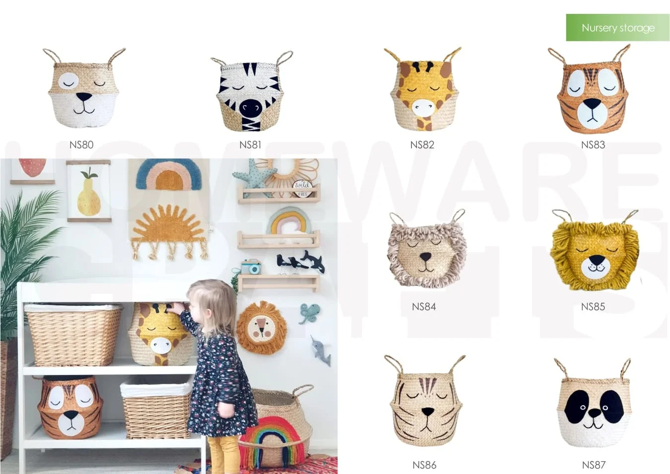 Cute Animal Belly Seagrass Kid Basket Natural Collapsible Laundry