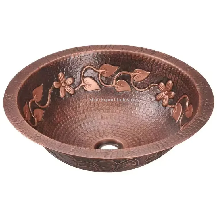Hammered Look Leaf Design Copper Hand Wash Basin in Vintage Look Used for Home and Hotels Bathroom Accessories