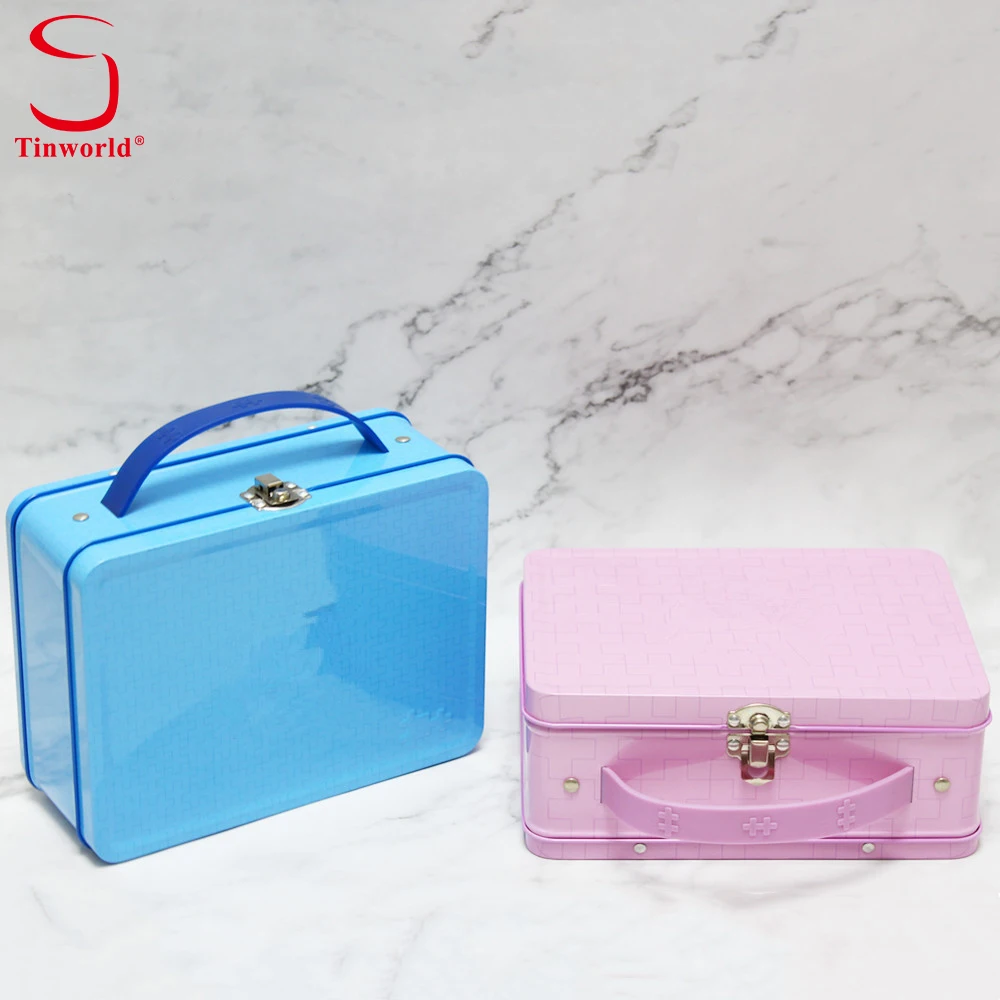 Factory Wholesale Custom Tinplate Suitcase Rectangle Metal Lunch Box Empty Tin Boxes With Handle and Lock