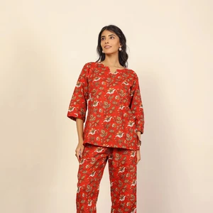 Red Multicolor Floral Cotton Hand Block Print Co-ord Set V-Neck Top Button Wide Pant 100% Natural Cotton Short Kurta Style