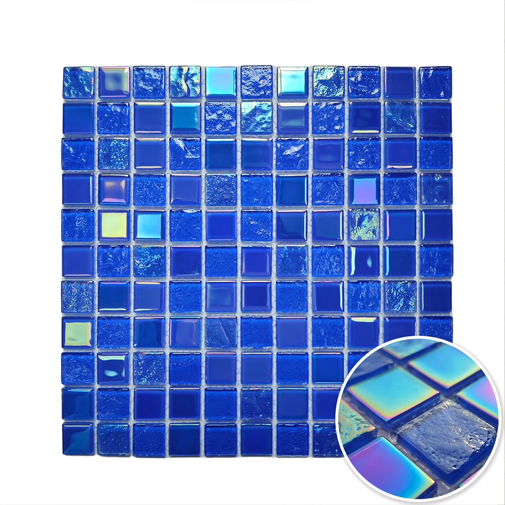 DS 4mm Sky Blue Green Crystal Glass Mosaic Tile Modern Indoor Interiors Swimming Pool Wall Decorative Iridescent Rainbow Color