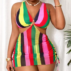 Multicolor Striped Printed Halter Neck Women's Plus-Size Two-Piece Swimsuit Chest Decoration Hollow-Out Side Straps Drawstring