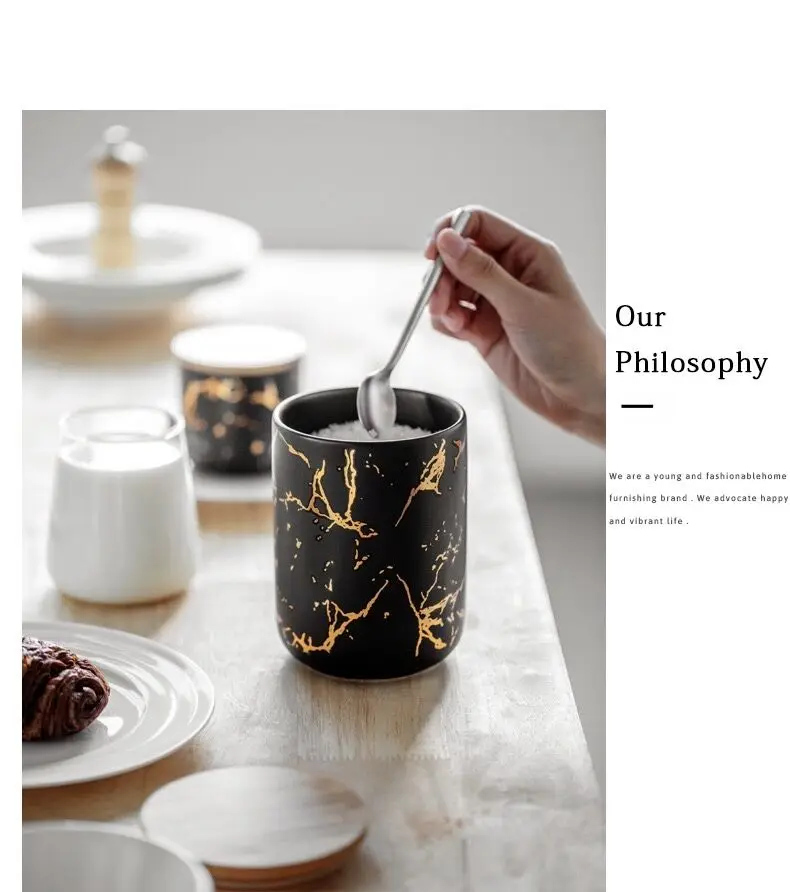 Wholesale Nordic new gold and marble design porcelain food seasoning condiment ceramic storage jar with lid manufacture