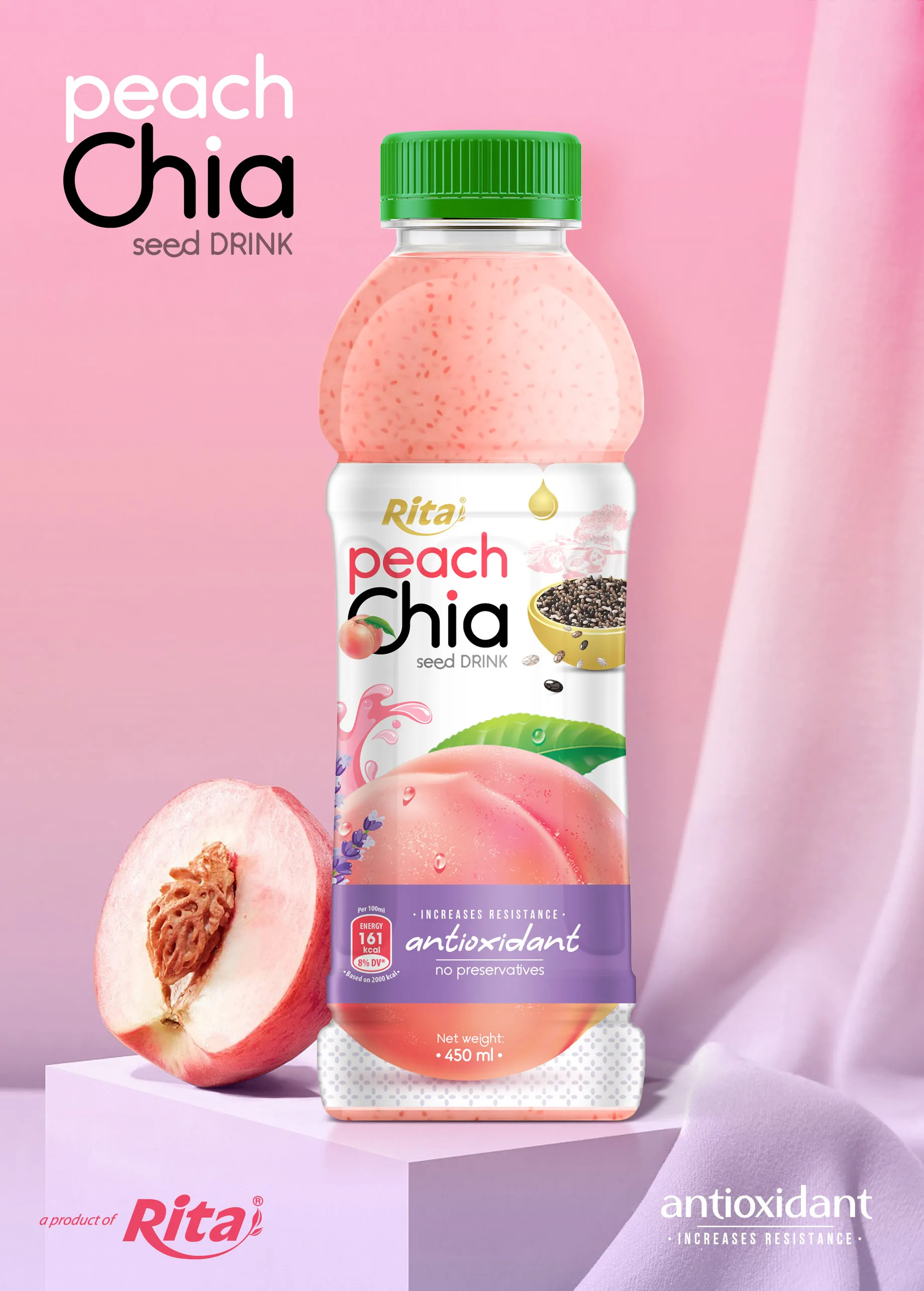 Chia Seed With Peach Flavor 450ml Pet Bottle - Customize Your Own Private Label Brand Free Design New Basil Seeds