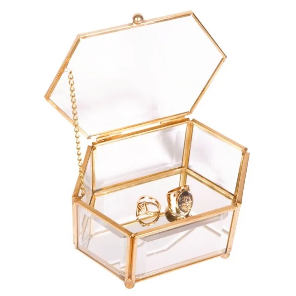 Heart Shaped Golden Glass Jewelry Box Small Jewel Display Clear Glass ...