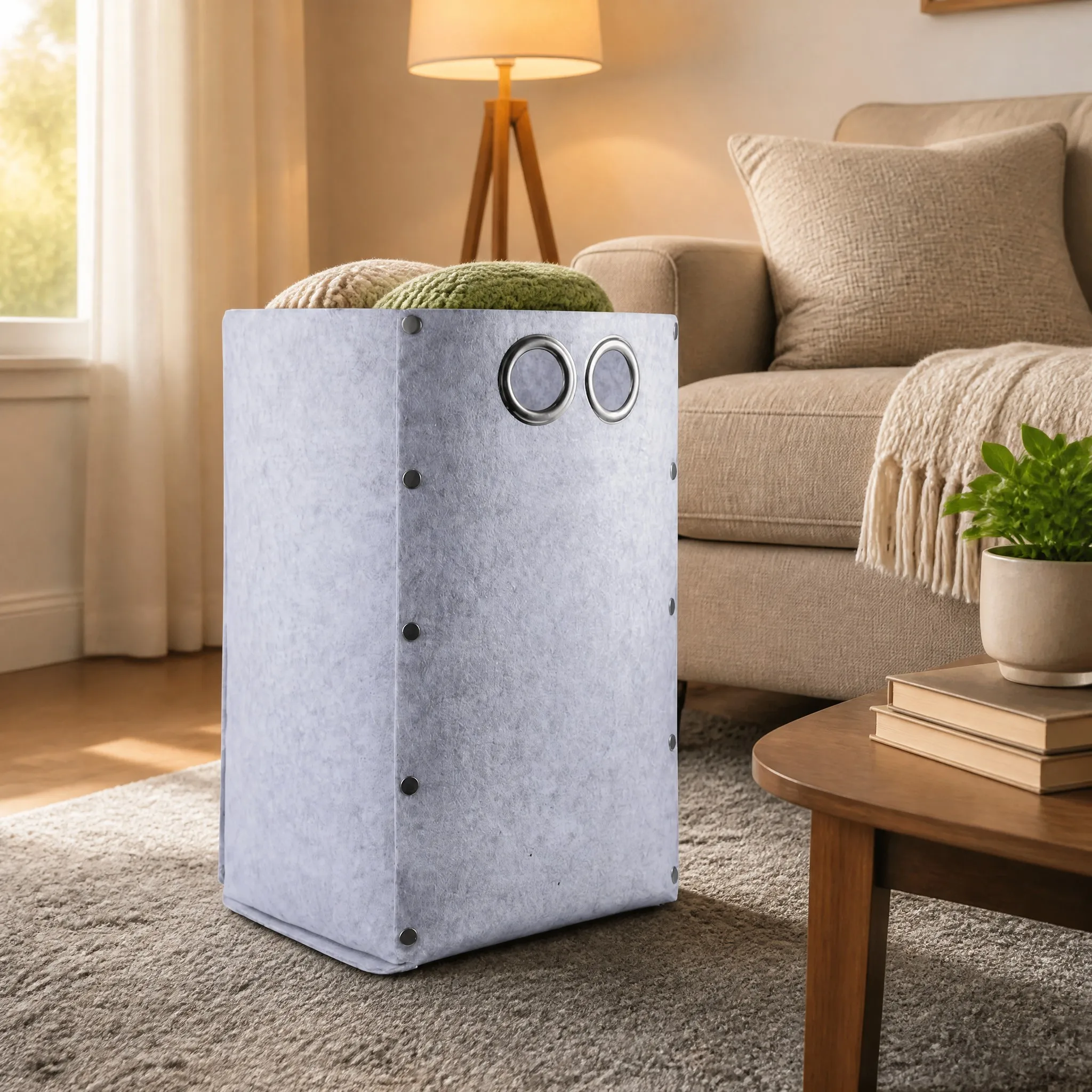 Felt storage basket used as a dirty clothes hamper in a bedroom