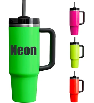 Custom 40oz THE NEON QUENCHER H2.0 Adventure Quencher  40 oz Tumbler With Handle Water Bottle Car Mug With Lid And Straw