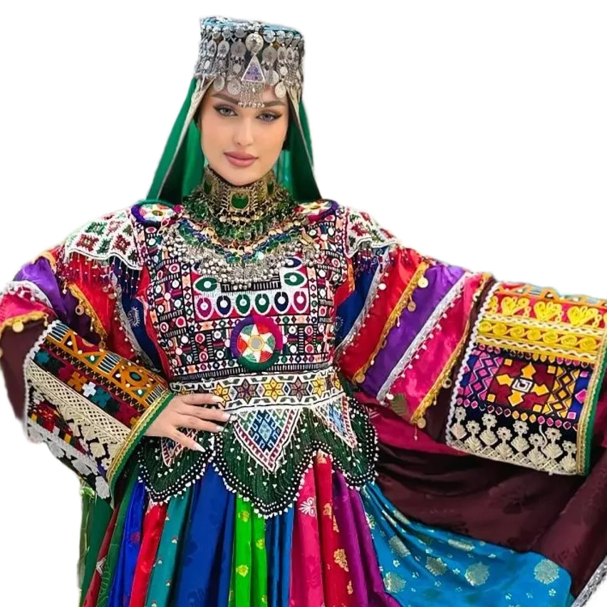 Afghani Womens Elegant Bohemian Traditional Chiffon Dress Delicate Floral Embroidery Full Sleeve Button Eco-Friendly Breathable