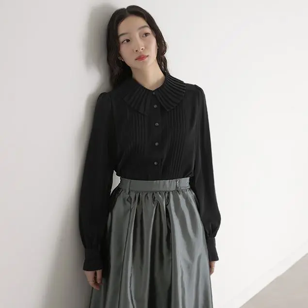 Shell Style Women's Classic Button Front Opening Shirt Collared Big Collar Chubby Body Covering Large Sizes 10s for Girls