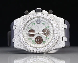 Customized Antique High Hip Hop Fully Iced Bezel Chronograph Luxury Moissanite Stainless Steel Wrist Watch Green Numerals